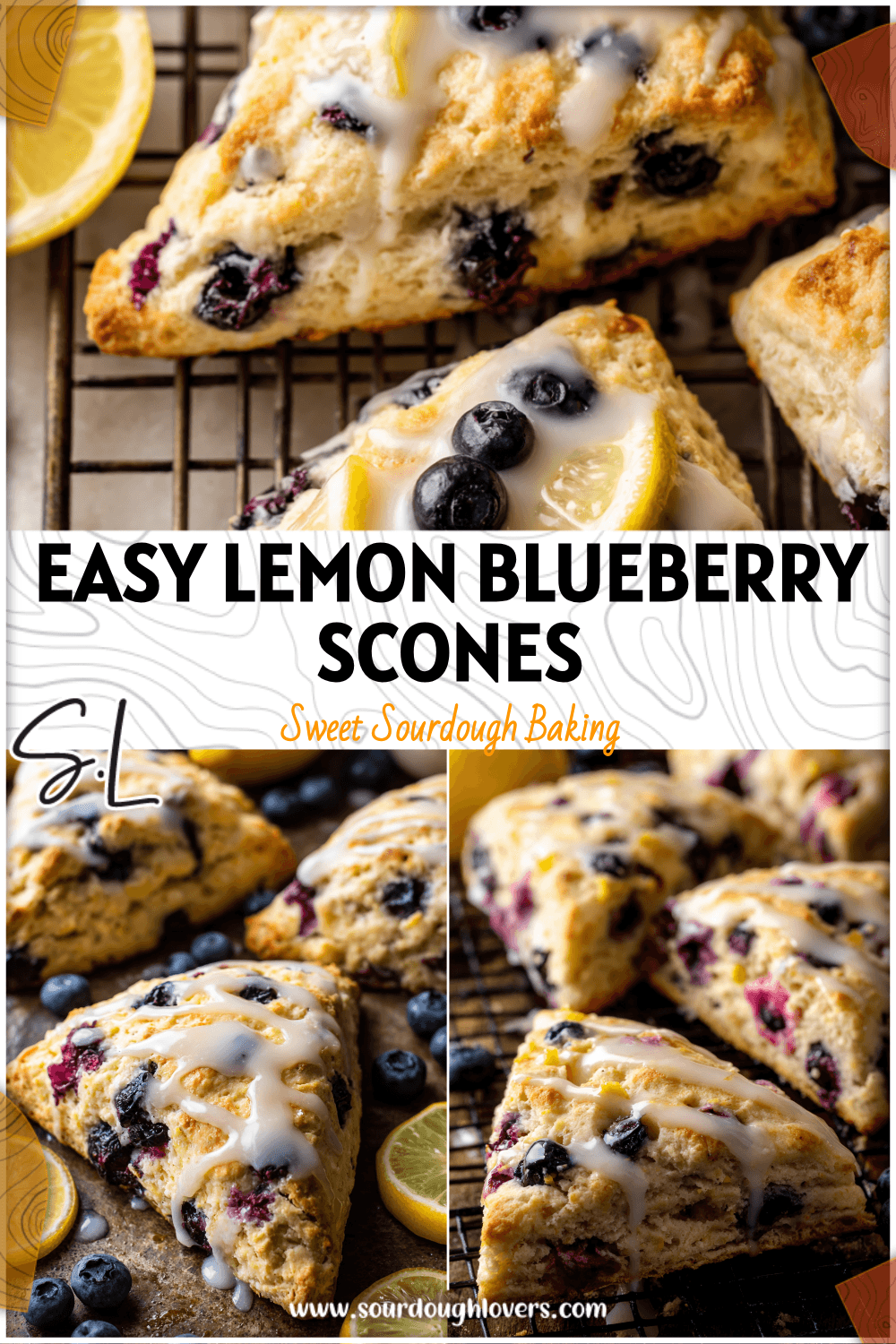 Freshly baked glazed lemon blueberry scones on cooling rack ready to serve. 26